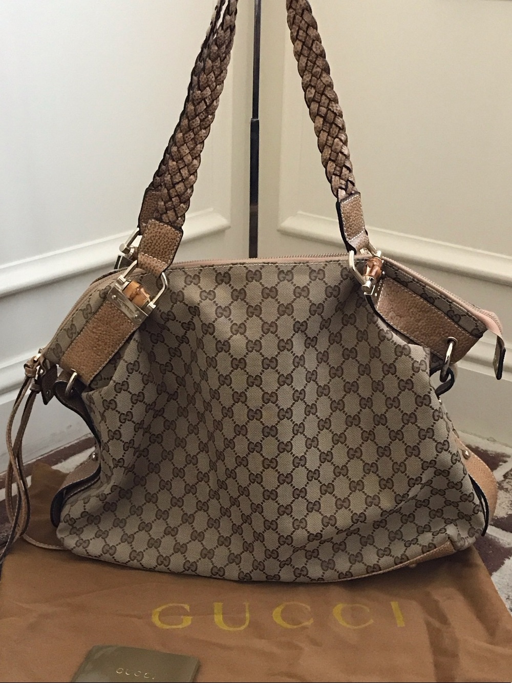 Large Brown/Tan GG Canvas Braided-Handle Shoulder Bag